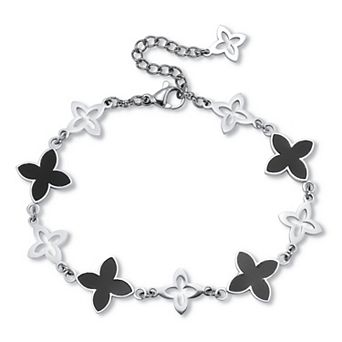 Black Onyx Stainless Steel Clover Bracelet 7-inch