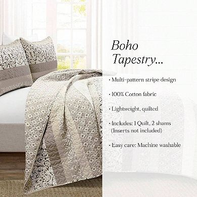 Boho Reversible Cotton Quilt Set 3pc King Striped Geometric Floral
