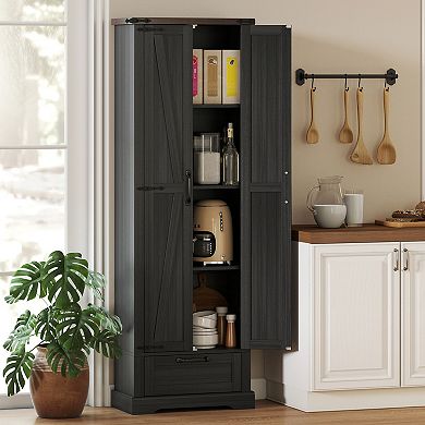 HOMCOM 71" Kitchen Pantry, Farmhouse Storage Cabinet with Barn Doors,