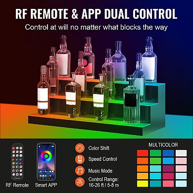 VEVOR LED Lighted Liquor Bottle Display, 3 Tiers 30 Inch Commercial Illuminated Home Bar Shelf