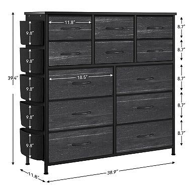 12-Drawer Fabric Storage Cabinet with 5 Side Pockets&2 Hooks,Tall Chest,Adjustable Feet,for Bedroom