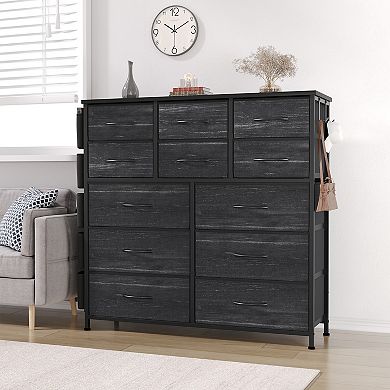 12-Drawer Fabric Storage Cabinet with 5 Side Pockets&2 Hooks,Tall Chest,Adjustable Feet,for Bedroom