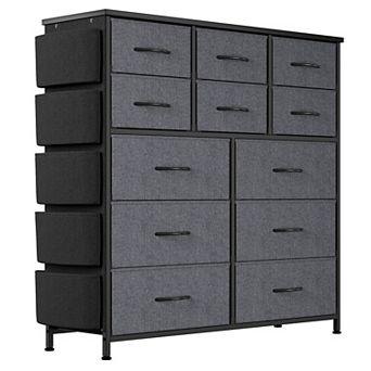 12-Drawer Fabric Storage Cabinet with 5 Side Pockets&2 Hooks,Tall Chest,Adjustable Feet,for Bedroom