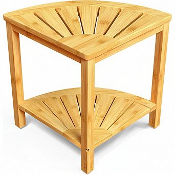 Bamboo Corner Shower Stool with Shelf, Waterproof Seat for Bathroom Storage