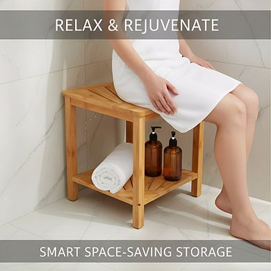 Bamboo Corner Shower Stool with Shelf, Waterproof Seat for Bathroom Storage