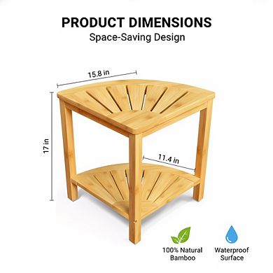Bamboo Corner Shower Stool with Shelf, Waterproof Seat for Bathroom Storage