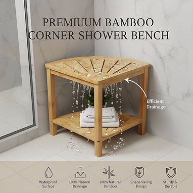 Bamboo Corner Shower Stool with Shelf, Waterproof Seat for Bathroom Storage