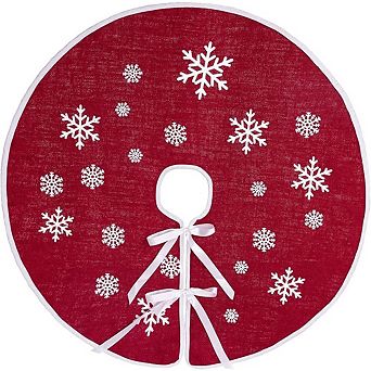 Red Burlap Christmas Tree Skirt with White Snowflake Design 23 Inch