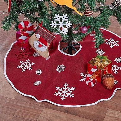 Red Burlap Christmas Tree Skirt with White Snowflake Design 23 Inch