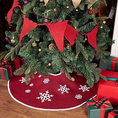 Red Burlap Christmas Tree Skirt with White Snowflake Design 23 Inch