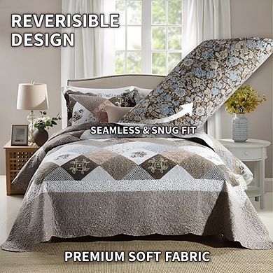 Queen Oversized Reversible Coverlet Set, 3pc Soft Quilt with Matching Shams