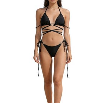 Women's Halter Bikini Set 2 pc Heart Ring Crisscross Wrap Tie Side Thong Swimsuit
