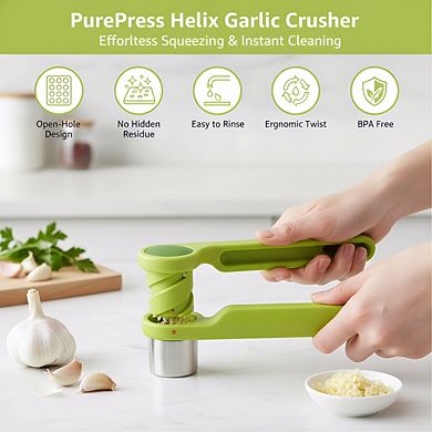 Twist-Action Stainless Steel Garlic Press, Ergonomic Hand Juicer Mincer Green
