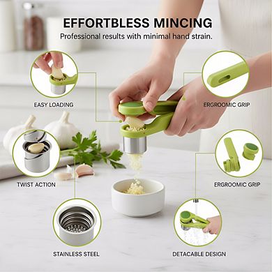 Twist-Action Stainless Steel Garlic Press, Ergonomic Hand Juicer Mincer Green