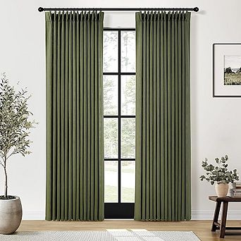 Pleated Linen Curtains Light Filtering, Semi-Sheer Window Drapes