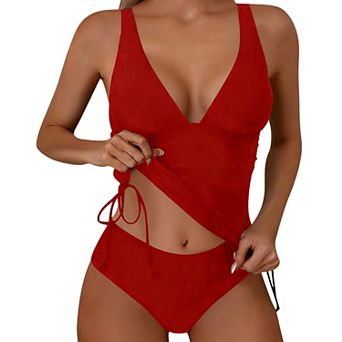 Women's Two Piece Swimsuit Deep V Neck Tie Side Cutout Bikini Set Solid Swimwear
