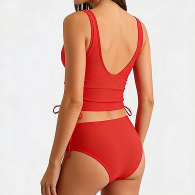 Women's Two Piece Swimsuit Deep V Neck Tie Side Cutout Bikini Set Solid Swimwear