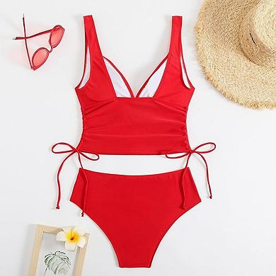 Women's Two Piece Swimsuit Deep V Neck Tie Side Cutout Bikini Set Solid Swimwear
