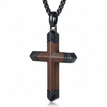 Wooden Cross Necklace for Men Ebony Inset Stainless Steel Crucifix Pendant 24" Box Chain