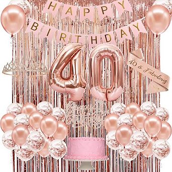 Rose Gold 40th Birthday Decorations Set with Crown Sash Banner Balloons and Party Supplies