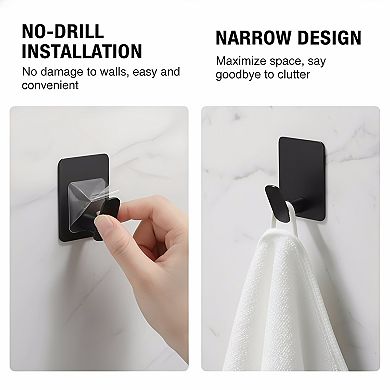 Matte Black Stainless Steel Adhesive Hooks, 4 Pack Stick-On for Bathroom or Kitchen