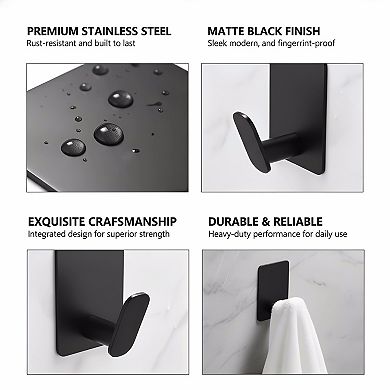 Matte Black Stainless Steel Adhesive Hooks, 4 Pack Stick-On for Bathroom or Kitchen