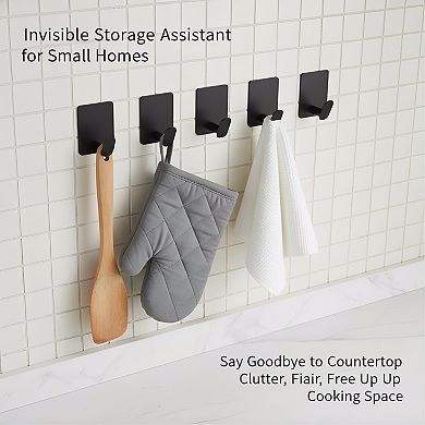 Matte Black Stainless Steel Adhesive Hooks, 4 Pack Stick-On for Bathroom or Kitchen