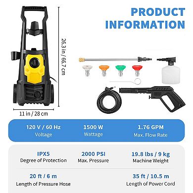 Portable 1.76 GPM Flow Rate Electric Power Washer 2000 PSI with Total Stop System