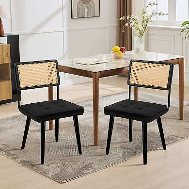 Natural Rattan and Velvet Upholstered Dining Chairs Set of 2