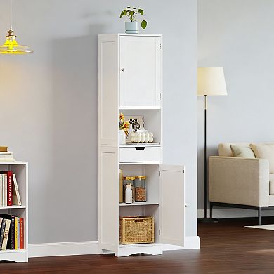 White MDF 67-Inch Tall Freestanding Bathroom Storage Cabinet with 2 Doors and Drawer