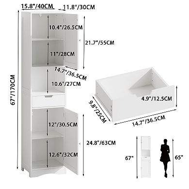 White MDF 67-Inch Tall Freestanding Bathroom Storage Cabinet with 2 Doors and Drawer