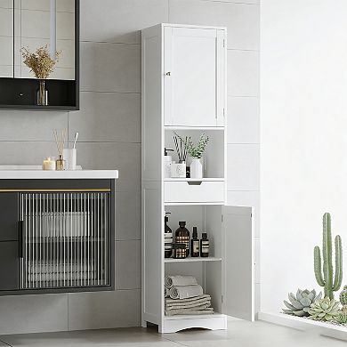 White MDF 67-Inch Tall Freestanding Bathroom Storage Cabinet with 2 Doors and Drawer