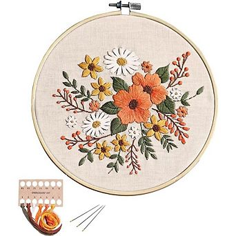 Orange Floral Embroidery Starter Kit for Beginners with Hoop Threads Needles
