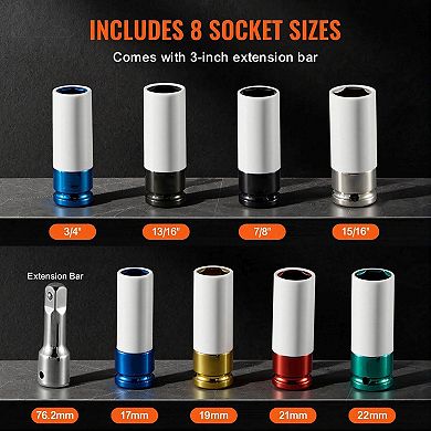 Lug Nut Impact Socket Set for Tire Changes, Drive with Extension Bar