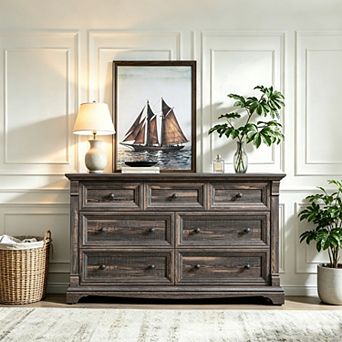 54" Farmhouse 7 Drawer Dresser, Rustic Wood Chest of Drawers for Bedroom Storage