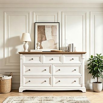 54" Farmhouse 7 Drawer Dresser, Rustic Wood Chest of Drawers for Bedroom Storage