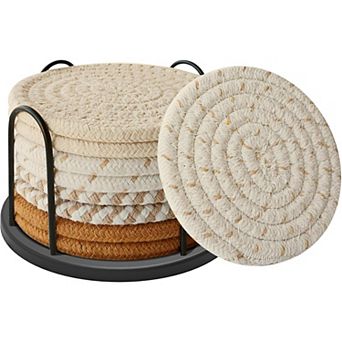 4-Color Cotton Coasters Set of 8 with Holder, Absorbent Tabletop Protection for Cups