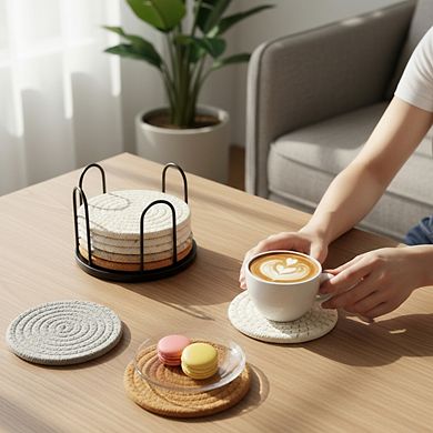 4-Color Cotton Coasters Set of 8 with Holder, Absorbent Tabletop Protection for Cups