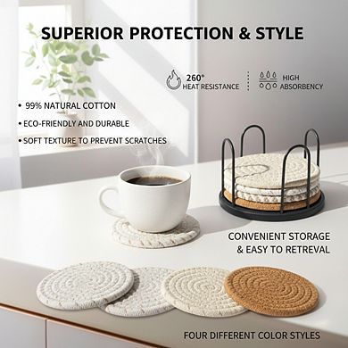 4-Color Cotton Coasters Set of 8 with Holder, Absorbent Tabletop Protection for Cups
