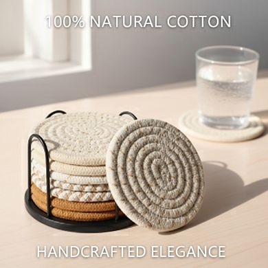 4-Color Cotton Coasters Set of 8 with Holder, Absorbent Tabletop Protection for Cups