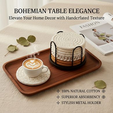 4-Color Cotton Coasters Set of 8 with Holder, Absorbent Tabletop Protection for Cups