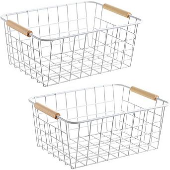 White Wire Storage Baskets Set of Two with Wooden Handles for Pantry Cabinets Closet Organization