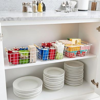 White Wire Storage Baskets Set of Two with Wooden Handles for Pantry Cabinets Closet Organization