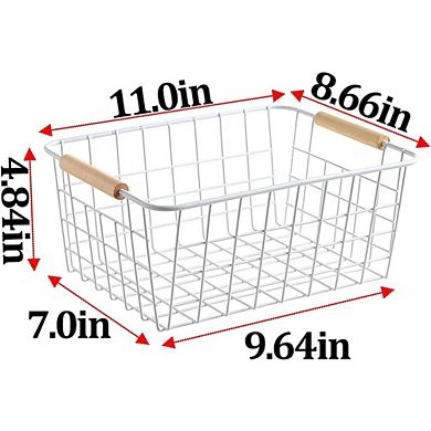 White Wire Storage Baskets Set of Two with Wooden Handles for Pantry Cabinets Closet Organization