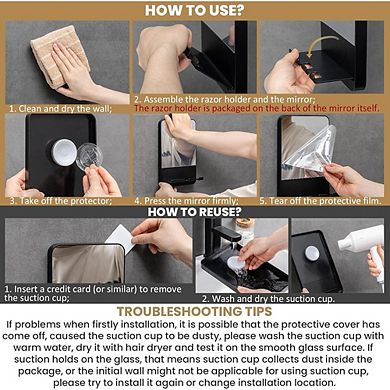 Fogless Shower Mirror with Razor Holder Suction Shaving Mirror Black