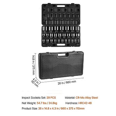 6-Point Impact Socket Set 29-Piece for Heavy-Duty Vehicle Maintenance - Black