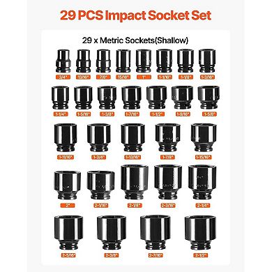 6-Point Impact Socket Set 29-Piece for Heavy-Duty Vehicle Maintenance - Black