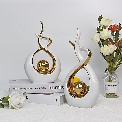 Modern Abstract Ceramic Statue White and Gold Decor