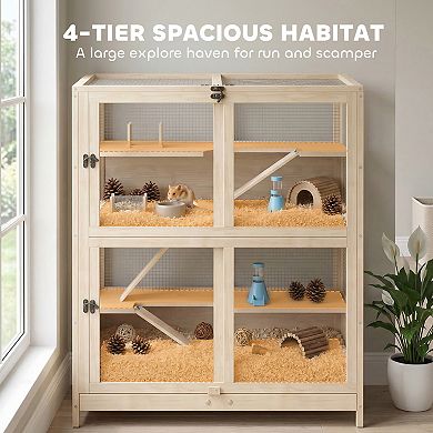 Wooden Hamster Cage, 4 Tier Small Animal Cage with Mesh Flip Roof