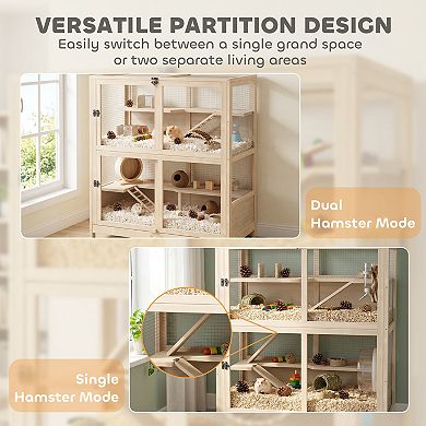 Wooden Hamster Cage, 4 Tier Small Animal Cage with Mesh Flip Roof